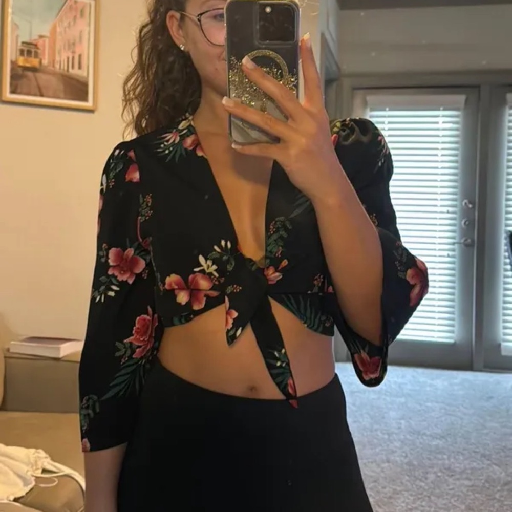 Lush Navy Floral Tie-Front Crop Top